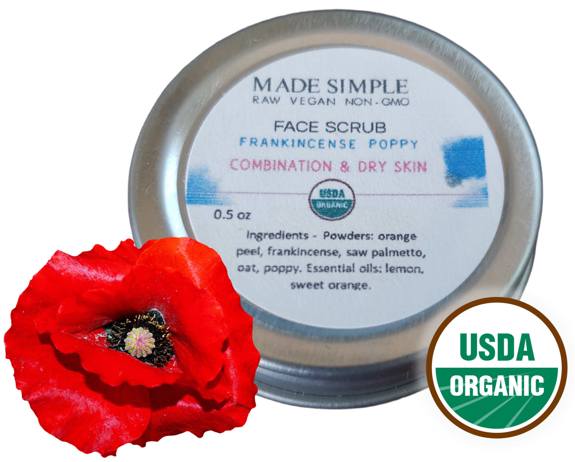 Made Simple Skin Care USDA certifeid organic raw vegan scrub Frankincense PoppySeed sample5a