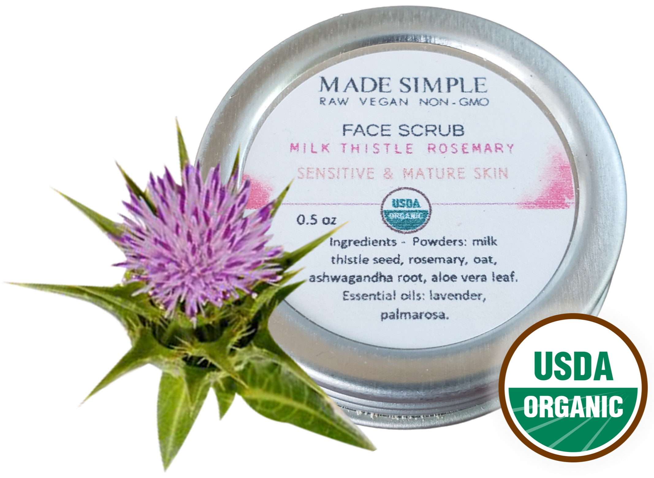 Made Simple Skin Care USDA certified organic raw vegan scrub Milk Thistle Rosemary sample4a