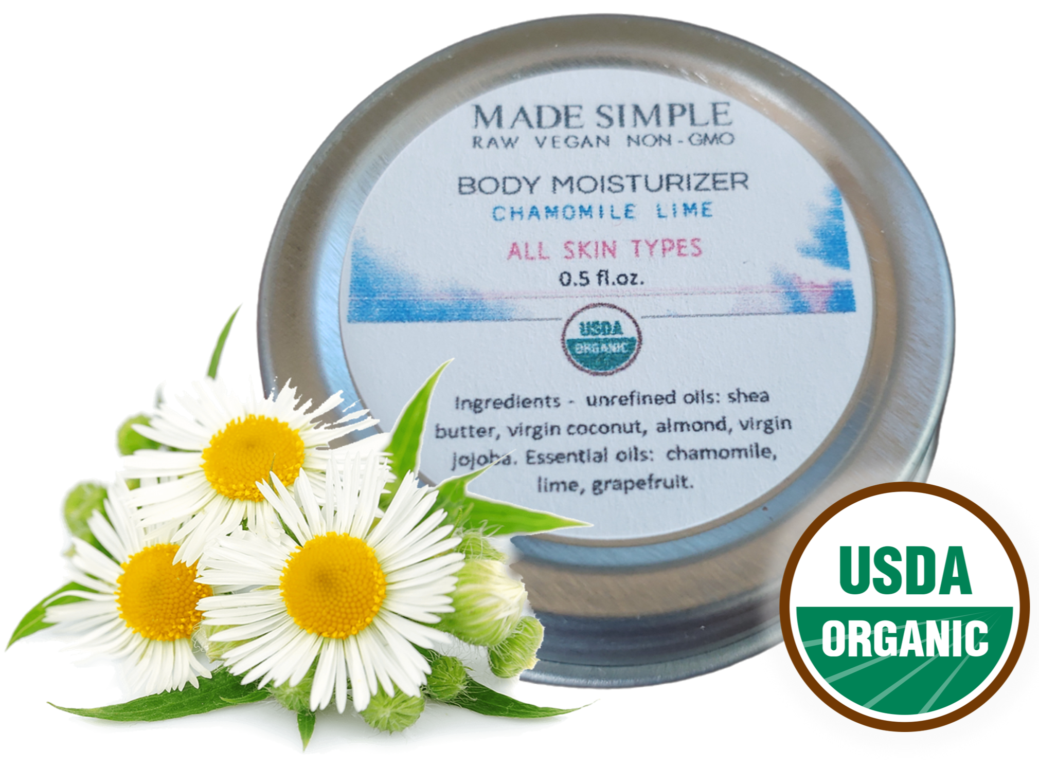 Made Simple Skin Care certified organic raw vegan nonGMO chamomile lime moisturizer sample 4a